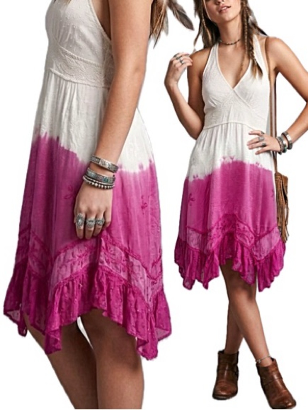 Embroidered Ombre Tie Dye Halter Dress Size M Empire Waist Ruffle Hem Fairycore